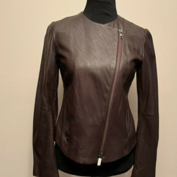 VINCE Asymmetric Zip Lamb Leather Black Cherry Biker Jacket (Women's Small) - Picture 6 of 6